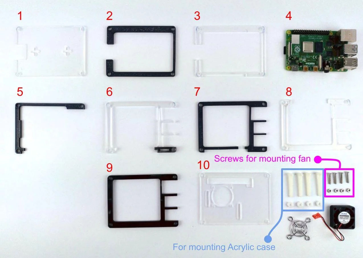 9 layer Raspberry Pi 4 Acrylic Case Transparent Box สีดำ ทำด้วยแผ่น Acrylic 9 ชั้น มีช่องติดพัดลม พร้อมพัดลม CPU Cooling Fan