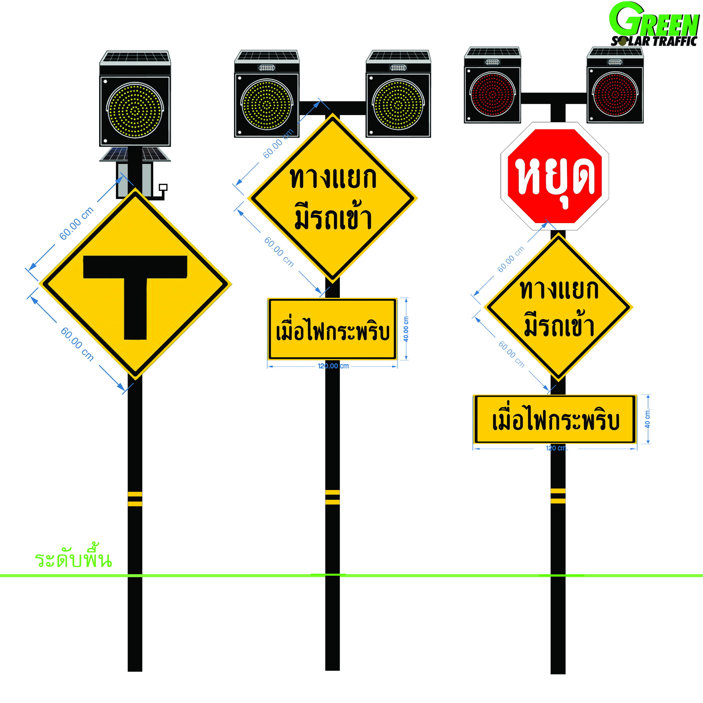 ชุดอุปกรณ์ตรวจจับความเร็วและสัญญาณไฟกระพริบเตือนรถเข้าสู่ทาง 3 แยก พลังงานแสงอาทิตย์