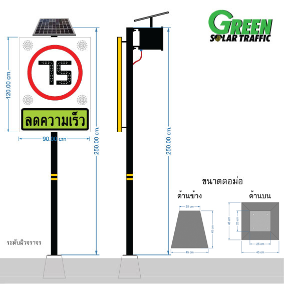 ป้ายเตือนลดความเร็ว 75 กม.พลังงานแสงอาทิตย์