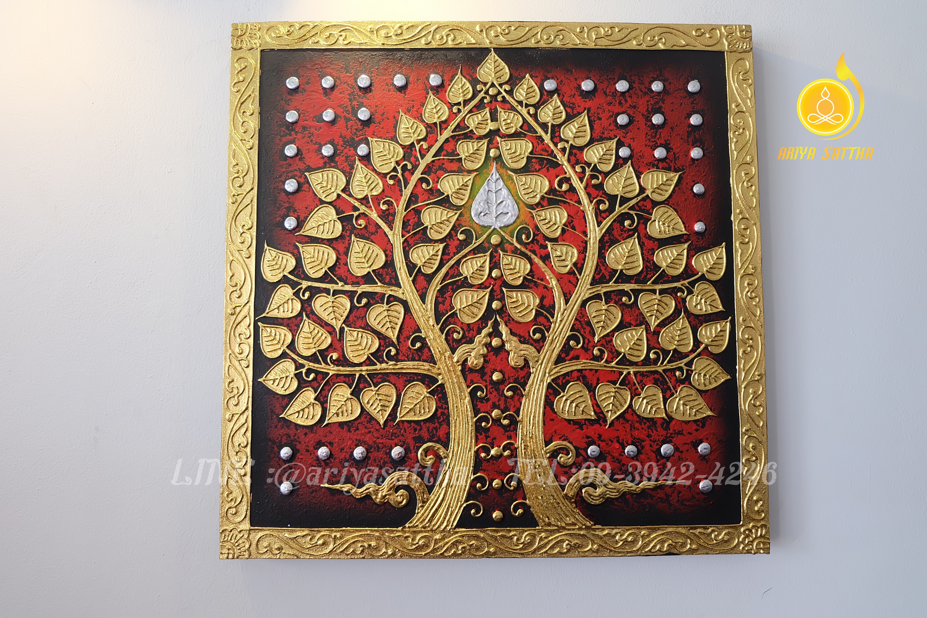 ภาพมงคล ต้นโพธิ์ สีแดง ขนาด 60x60 cm.ตกแต่งบ้าน ห้องพระ ของขวัญขึ้นบ้านใหม่ งาน handmade ภาพวาดปิดทองแต่งผนังบ้าน คอนโด
