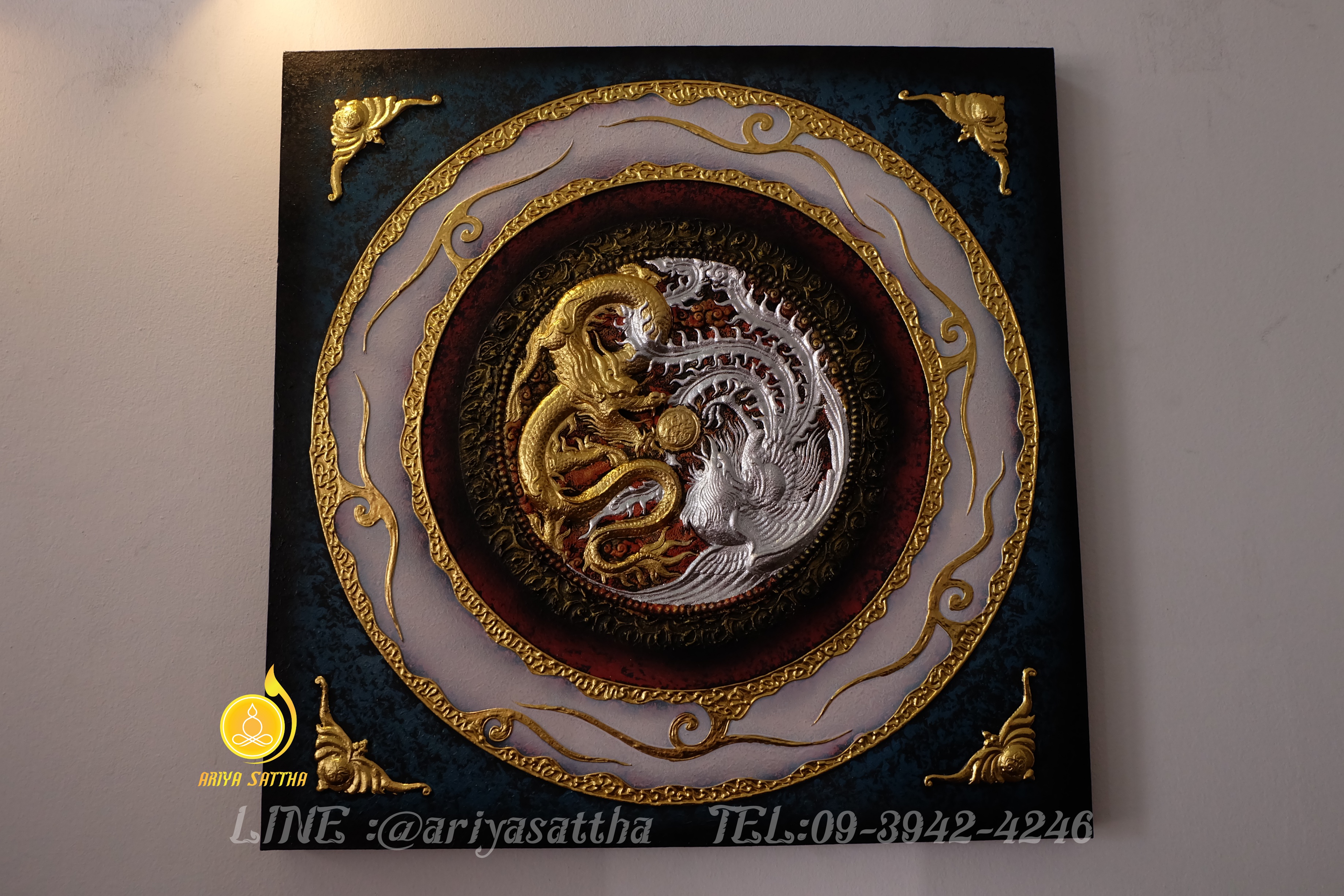 รูปมังกร-หงส์ ภาพมงคล ขนาด 80x80 cm.ตกแต่งบ้าน ของขวัญขึ้นบ้านใหม่ งาน handmade ภาพวาดปิดทองแต่งผนังบ้าน คอนโด