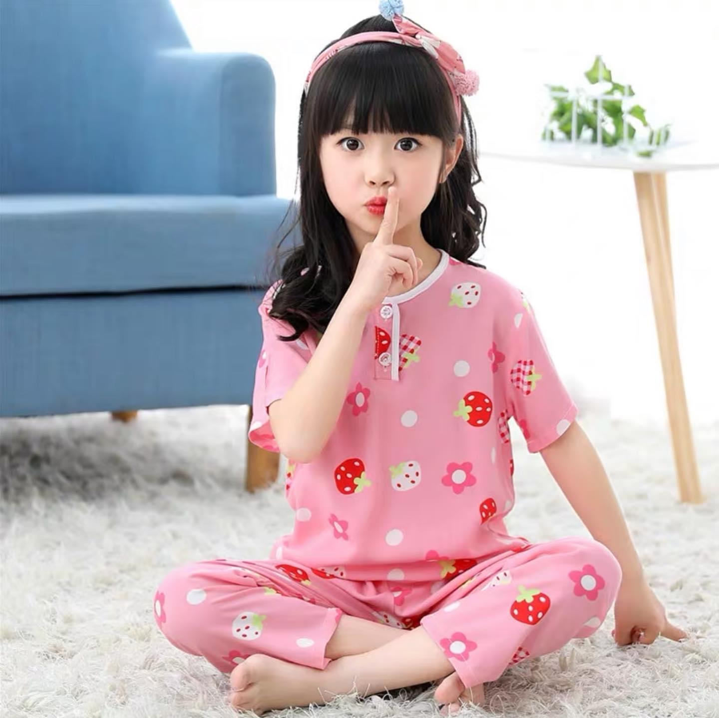 พร้อมส่ง ชุดนอนเด็กผ้าบาง พิมพ์ลาย ขาสั้นแขนสั้น