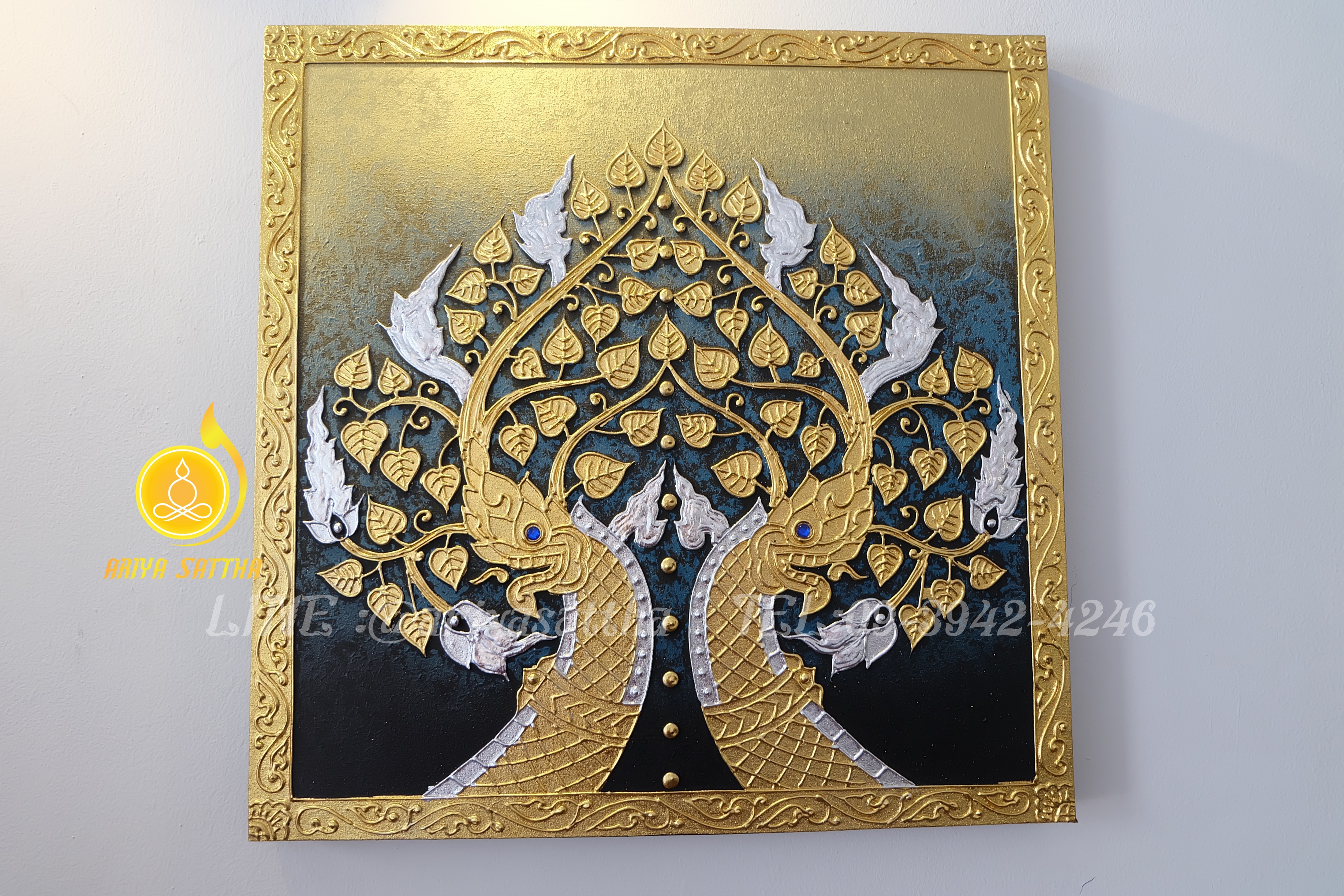 ภาพมงคล พญานาค หรือ นาค ต้นโพธิ์ ขนาด 60x60 cm.ตกแต่งบ้าน ห้องพระ ของขวัญขึ้นบ้านใหม่ งาน handmade ภาพวาดปิดทองแต่งผนังบ้าน คอนโด