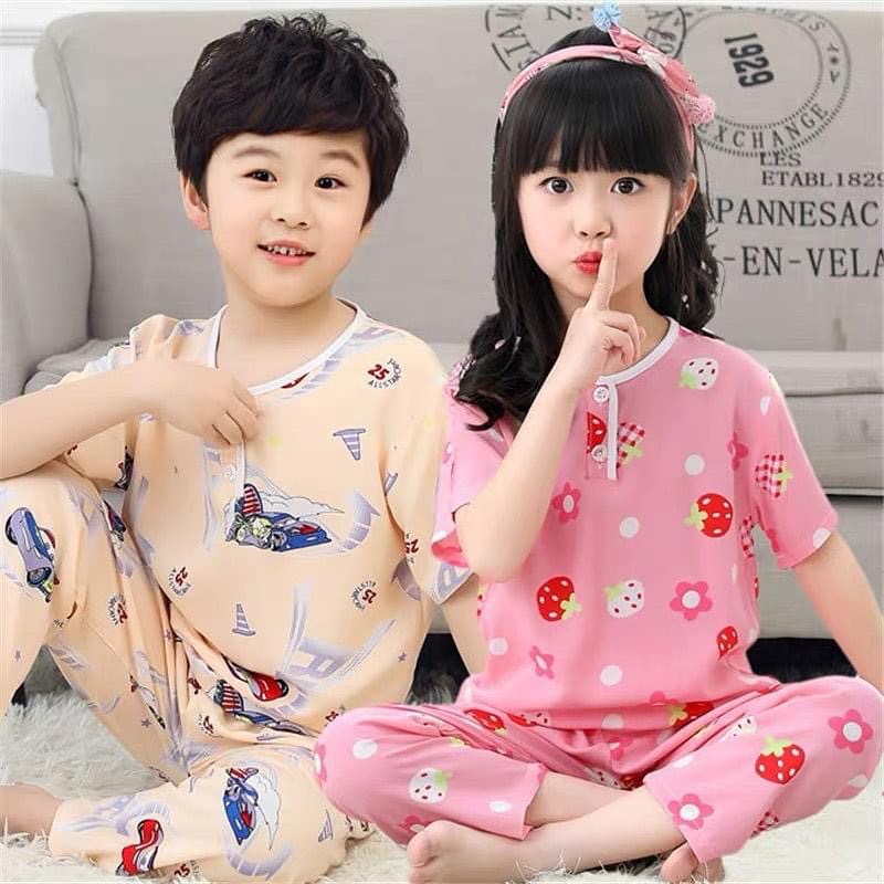 พร้อมส่ง ชุดนอนเด็กผ้าบาง พิมพ์ลาย ขาสั้นแขนสั้น