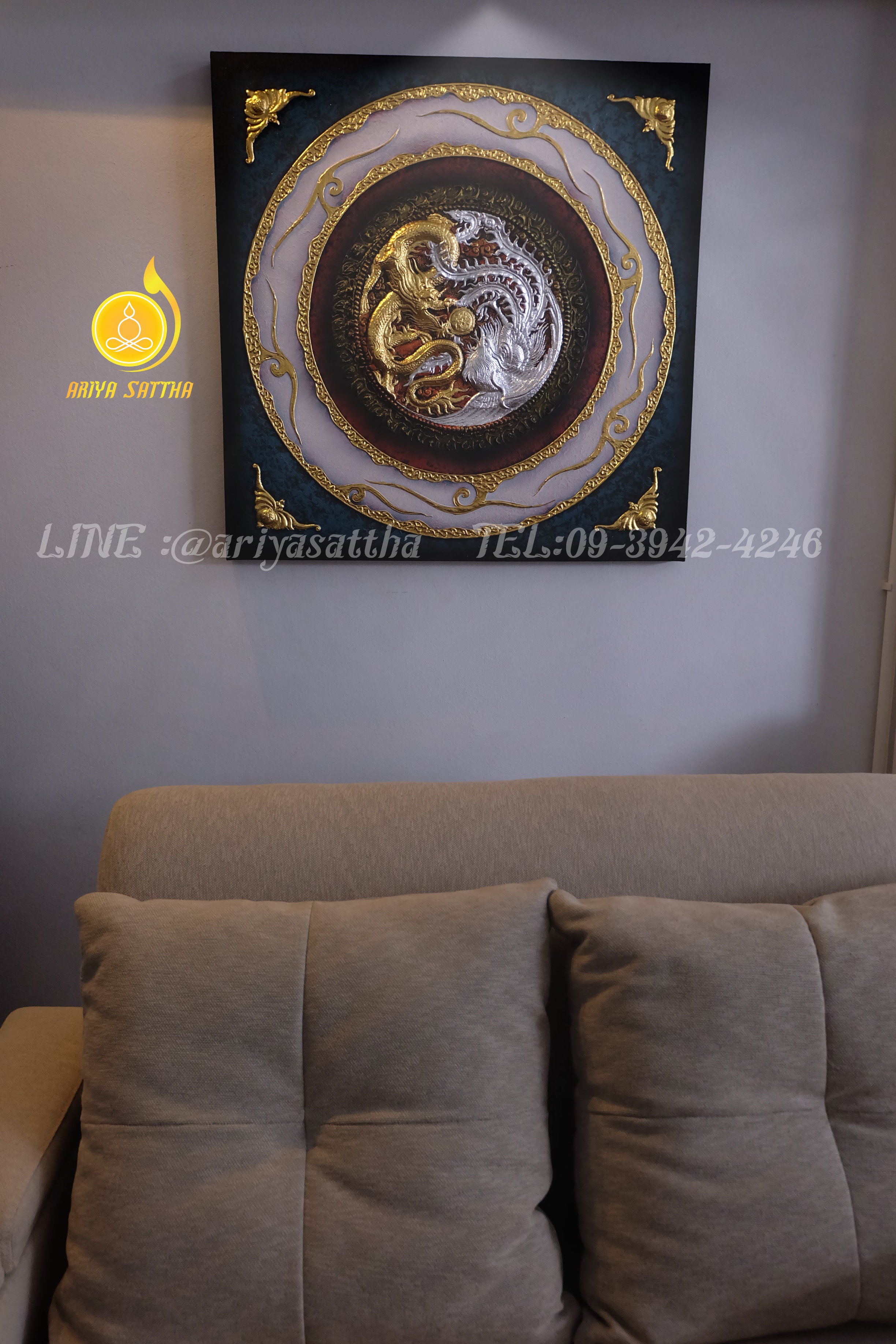 รูปมังกร-หงส์ ภาพมงคล ขนาด 80x80 cm.ตกแต่งบ้าน ของขวัญขึ้นบ้านใหม่ งาน handmade ภาพวาดปิดทองแต่งผนังบ้าน คอนโด