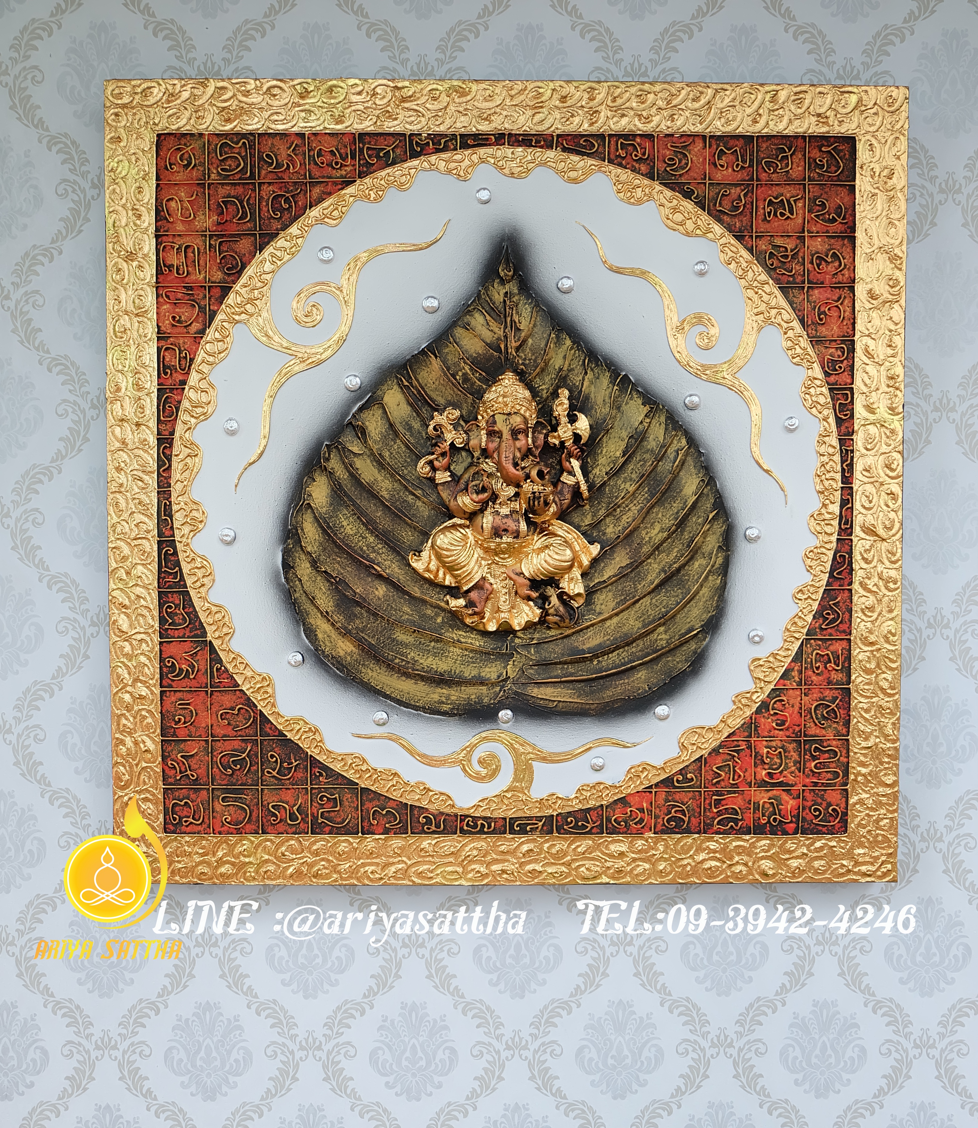 พระพิฆเนศ ภาพมงคล ขนาด 80x80 cm.ตกแต่งบ้าน ห้องพระ ของขวัญขึ้นบ้านใหม่ งาน handmade ภาพวาดปิดทองแต่งผนังบ้าน คอนโด
