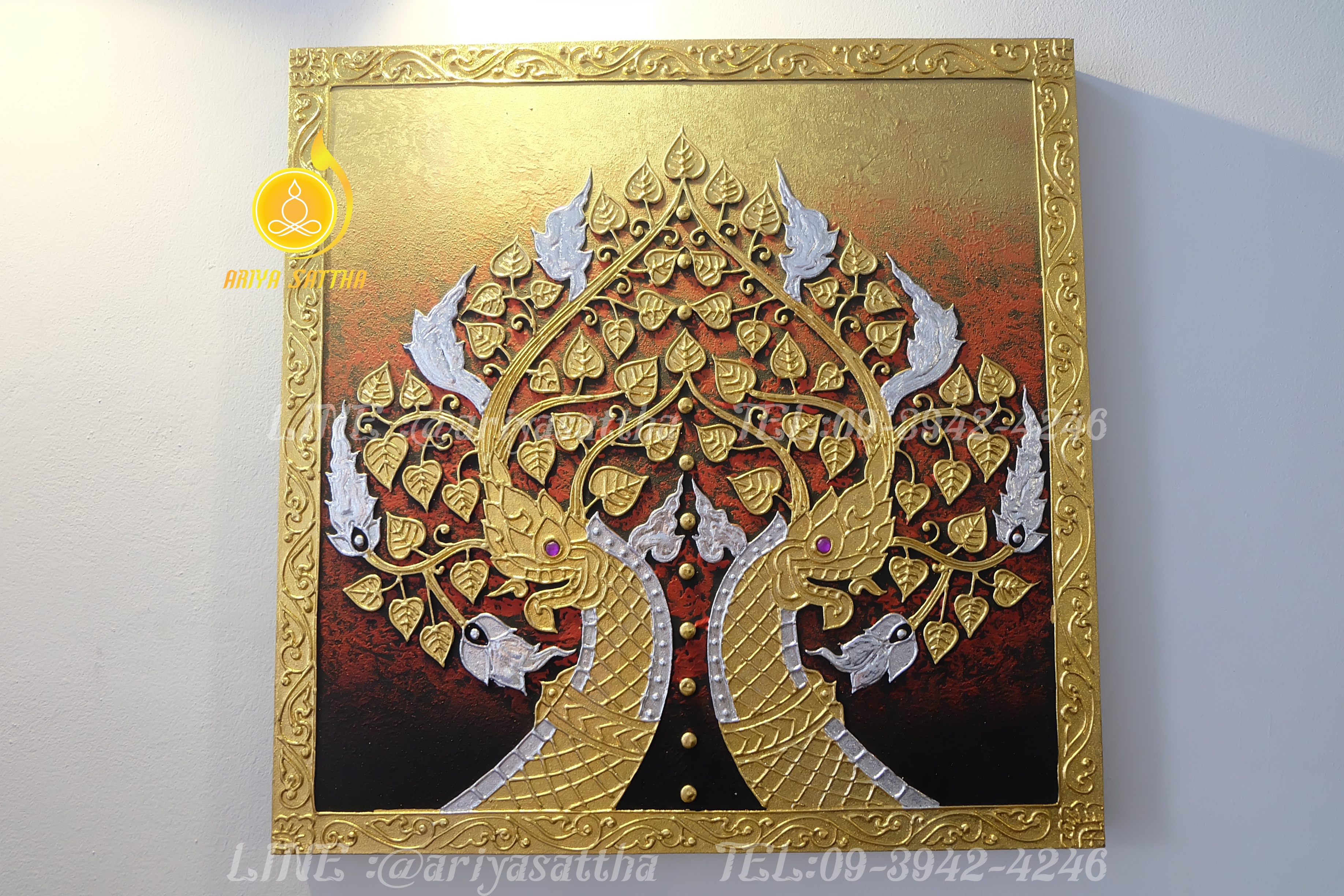 ภาพมงคล พญานาค หรือ นาค ต้นโพธิ์ ขนาด 60x60 cm.ตกแต่งบ้าน ห้องพระ ของขวัญขึ้นบ้านใหม่ งาน handmade ภาพวาดปิดทองแต่งผนังบ้าน คอนโด