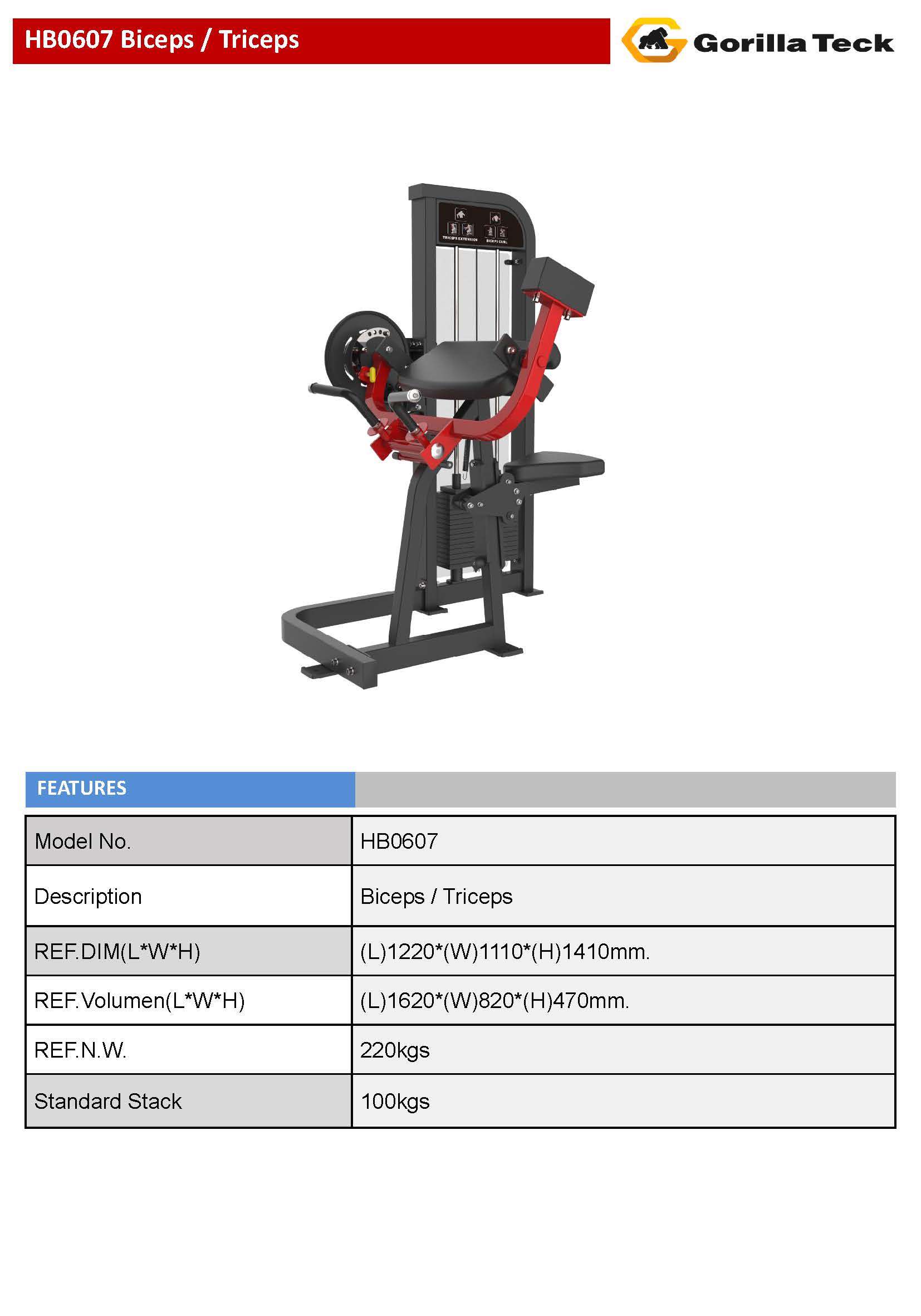 เครื่องฝึกกล้าเนื้อเดี่ยวสำหรับฟิตเนสคลับ แบรนด์ Gorilla Teck