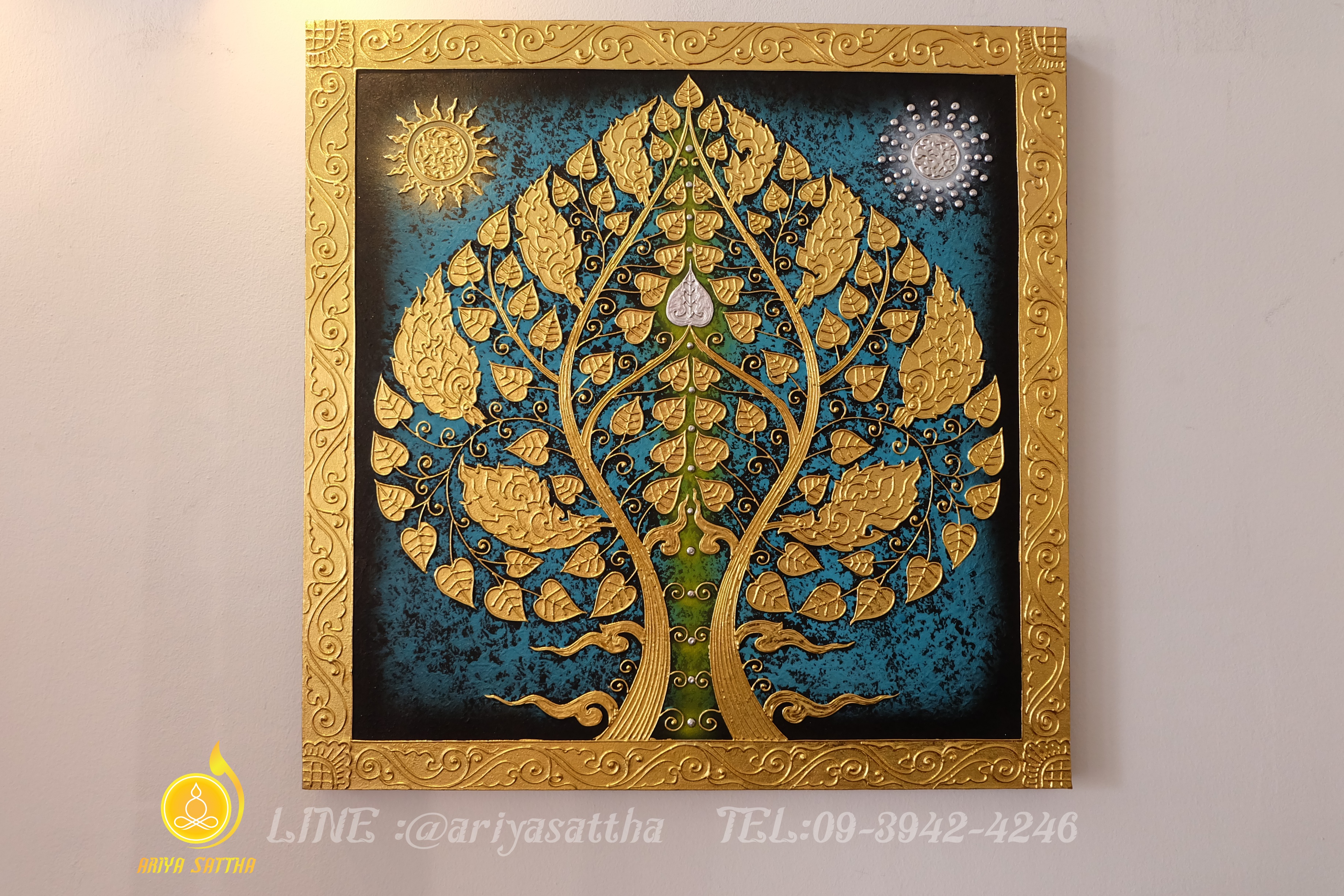 ภาพมงคล ต้นโพธิ์ ขนาด 80x80 cm.ตกแต่งบ้าน ห้องพระ ของขวัญขึ้นบ้านใหม่ งาน handmade ภาพวาดปิดทองแต่งผนังบ้าน คอนโด