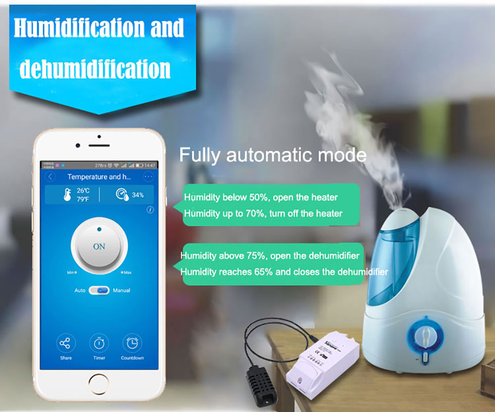 สมาร์ทสวิทช์ไร้สาย Sonoff TH16 16A สั่งผ่านมือถือ WiFi Wireless Smart Switch สามารถเชื่อมต่อเซนเซอร์อุณหภูมิและความชิ้น (อับโหลดโปรแกรมใหม่ได้) ไม่รวมเซนเซอร์