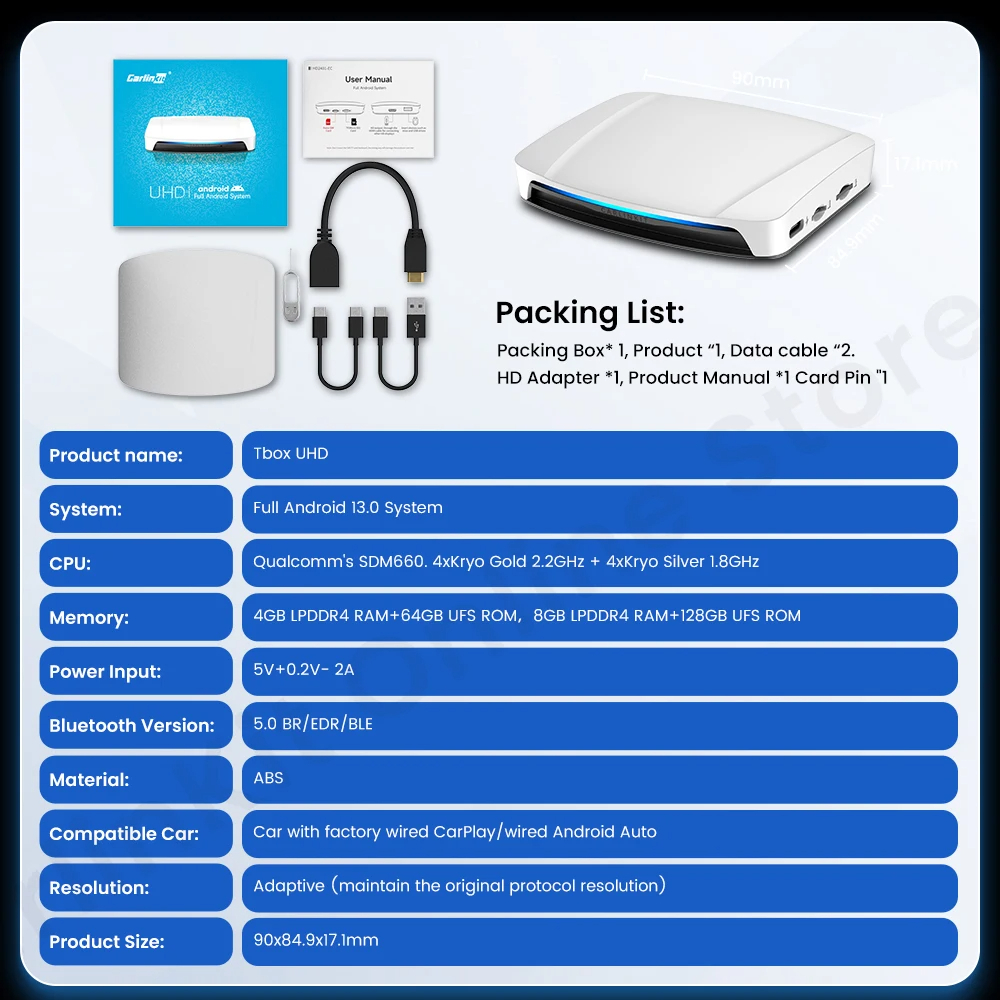 รุ่นท้อปสุด แรงสุด T-Box UHD Carlinkit Android CPU8core Ram8 Rom128 AI Box มี HDMI out ไว้ต่อจอหลังรถได้