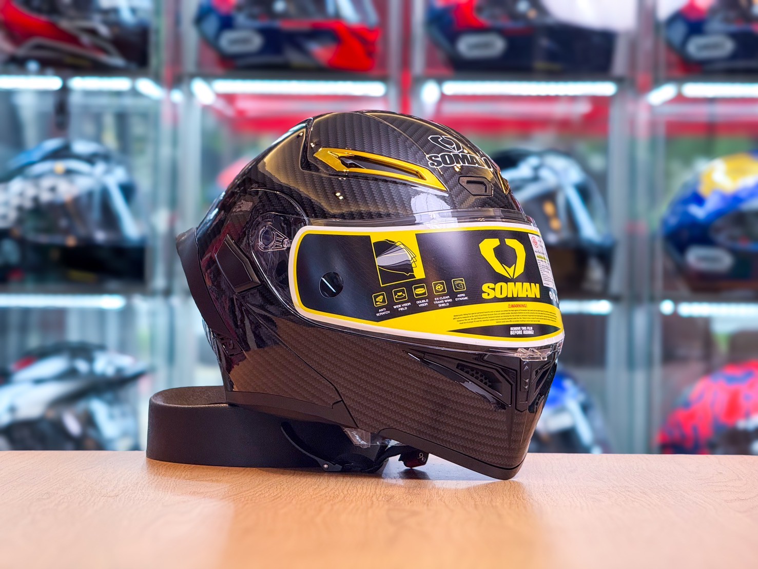 หมวกกันน็อค Soman รุ่น 955s ลายเคฟล่า คาร์บอน (แบบยกคาง)