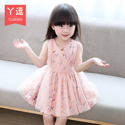 ชุดเดรสสคุณหนู ลายดอกไม้ ผ้า 2 ชั้น แต่งโบว์หลัง
