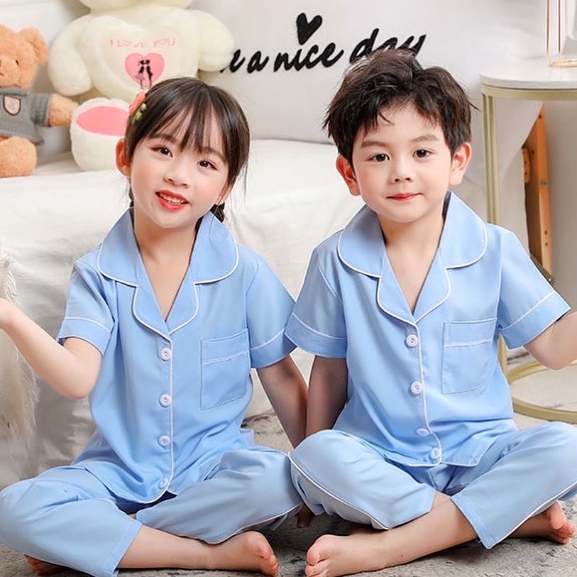 ชุดนอนเด็กคอปก ผ้าคอตตอนสีล้วน แขนสั้น
