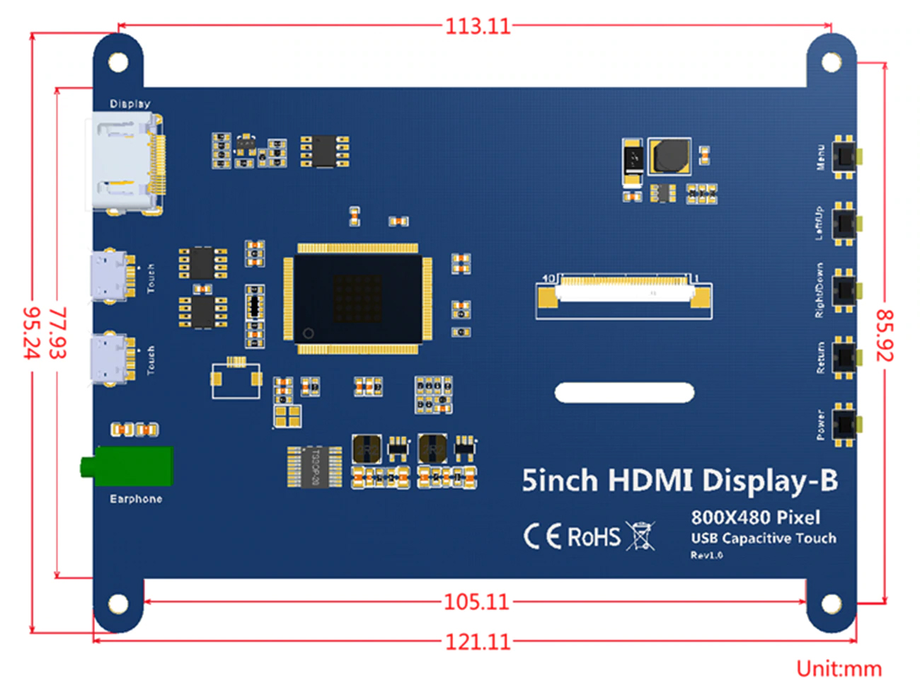 จอภาพระบบสัมผัส 5 นิ้ว 800x480 จุด Raspberry Pi LCD TFT Capacitive Touch Screen Display สำหรับ Raspberry Pi3 และ Pi4
