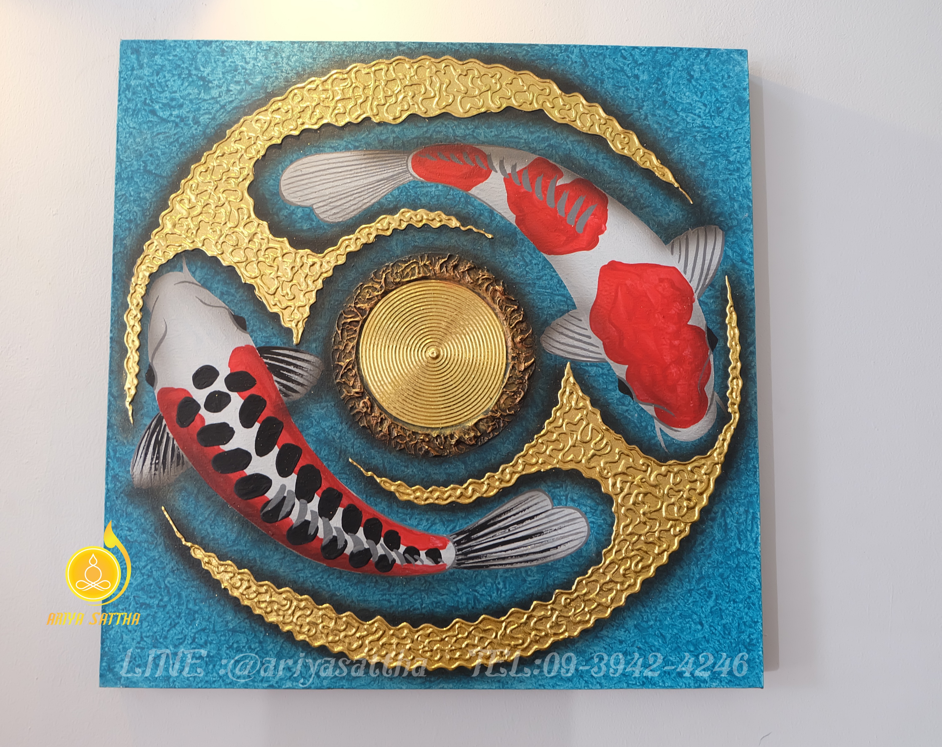 รูปปลาคราฟ ภาพมงคล ขนาด 60x60 cm.ตกแต่งบ้าน ของขวัญขึ้นบ้านใหม่ งาน handmade ภาพวาดปิดทองแต่งผนังบ้าน คอนโด