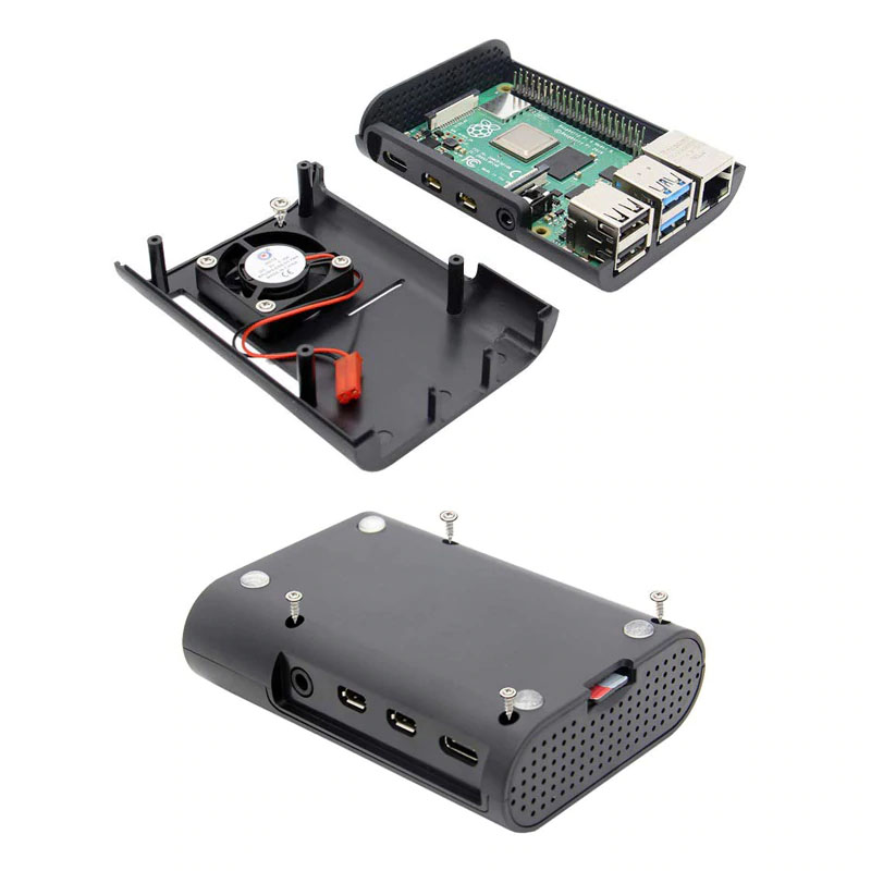 Raspberry Pi 4 Case สีดำ มีช่องสำหรับสาย GPIO ช่องสำหรับสายกล้อง มีปุ่มกันลื่น พร้อมพัดลม และ Heat Sink 4 ชิ้น