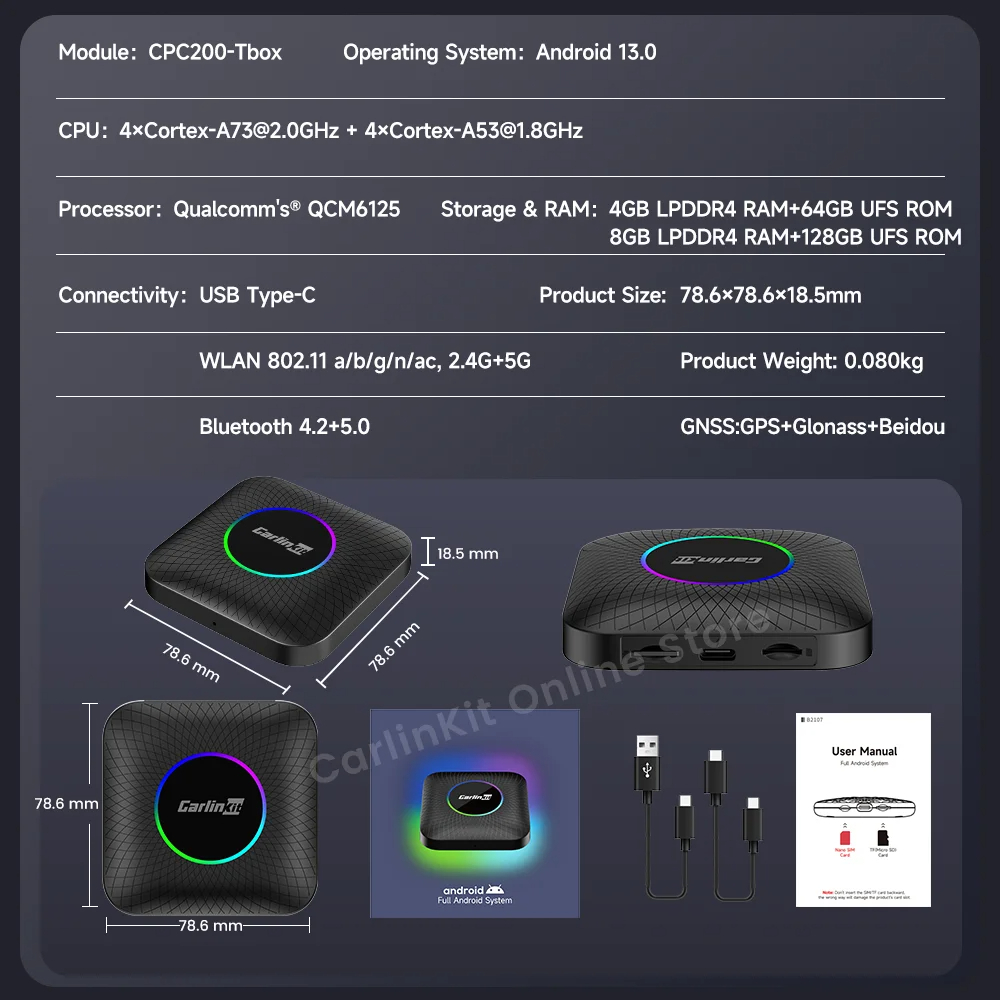T-Box LED- Carlinkit Android CPU8core Ram4 Rom64 AI Box