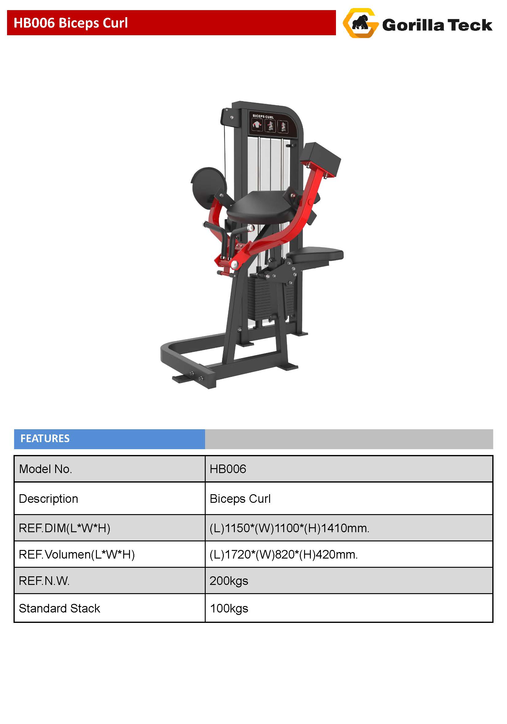 เครื่องฝึกกล้าเนื้อเดี่ยวสำหรับฟิตเนสคลับ แบรนด์ Gorilla Teck