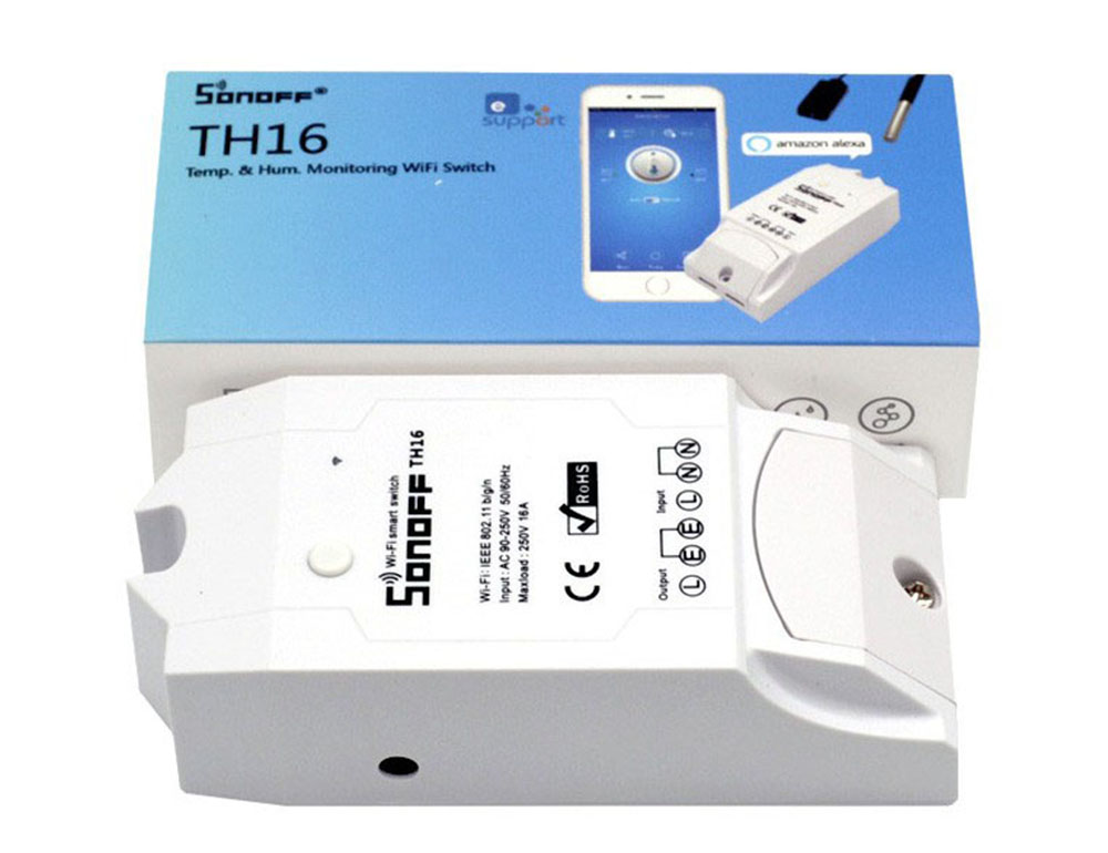 สมาร์ทสวิทช์ไร้สาย Sonoff TH16 16A สั่งผ่านมือถือ WiFi Wireless Smart Switch สามารถเชื่อมต่อเซนเซอร์อุณหภูมิและความชิ้น (อับโหลดโปรแกรมใหม่ได้) ไม่รวมเซนเซอร์