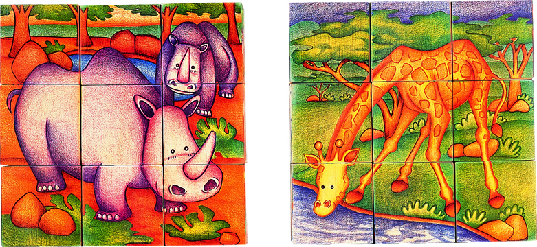 ของเล่นเด็ก จิ๊กซอว์ไม้ ตัวต่อไม้ ประเภทลูกเต๋าสัตว์ป่าในซาฟารี