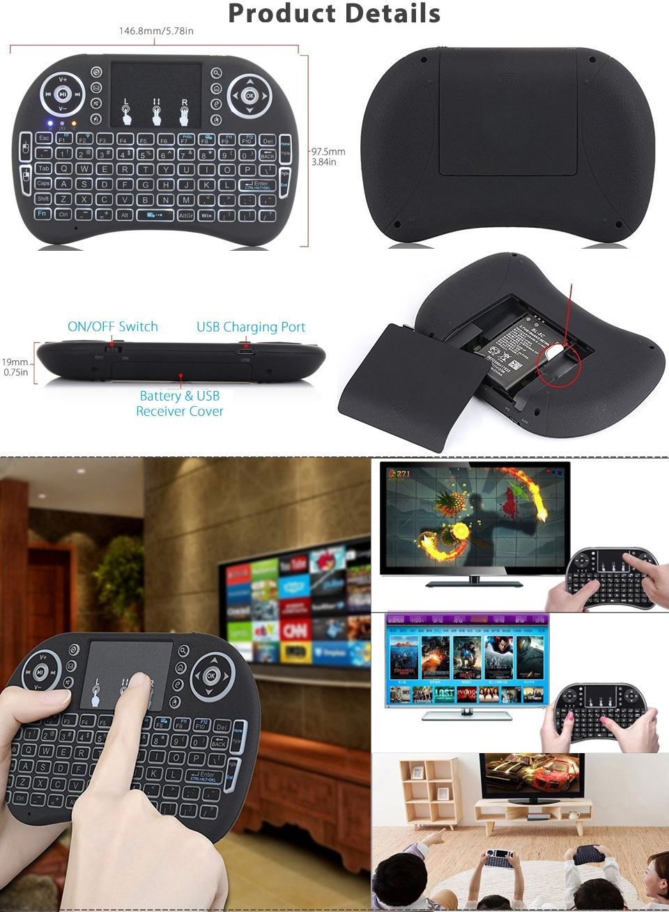 Mini Wireless Keyboard แป้นพิมพ์ภาษาไทย Touch pad คีย์บอร์ด ไร้สาย ชาร์ทไฟได้ for Raspberry Pi (คีย์บอร์ดมีแสง เปลี่ยนแสงสีได้)