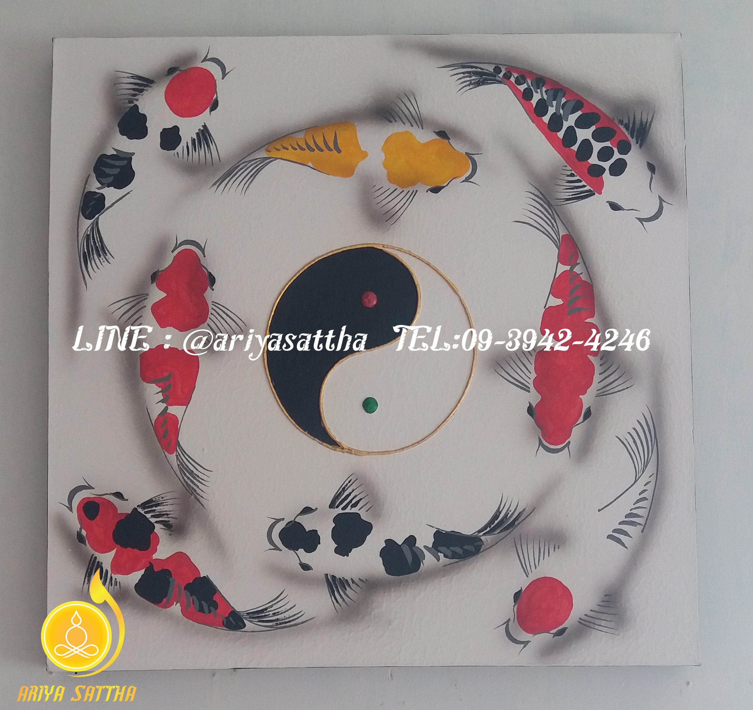 รูปปลาคราฟ ว่ายวน หยินหยาง (เงินทอง สุขภาพ ไหลเวียนดี) ภาพมงคล ขนาด 60x60 cm. ตกแต่งบ้าน ของขวัญขึ้นบ้านใหม่ งาน handmade ภาพวาดปิดทองแต่งผนังบ้าน คอนโด
