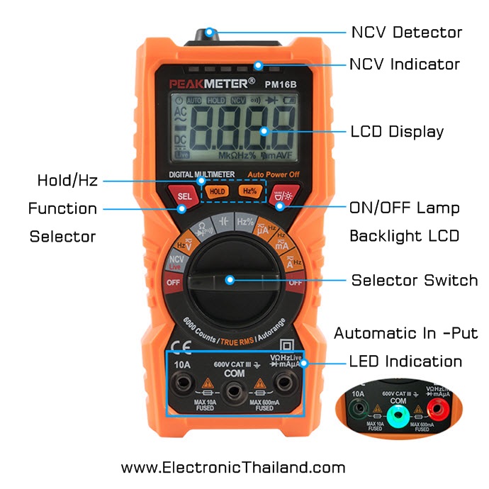 มัลติมิเตอร์ อัจฉริยะ PEAKMETER PM16B Auto Range True RMS Automatic In -Put LED Indication