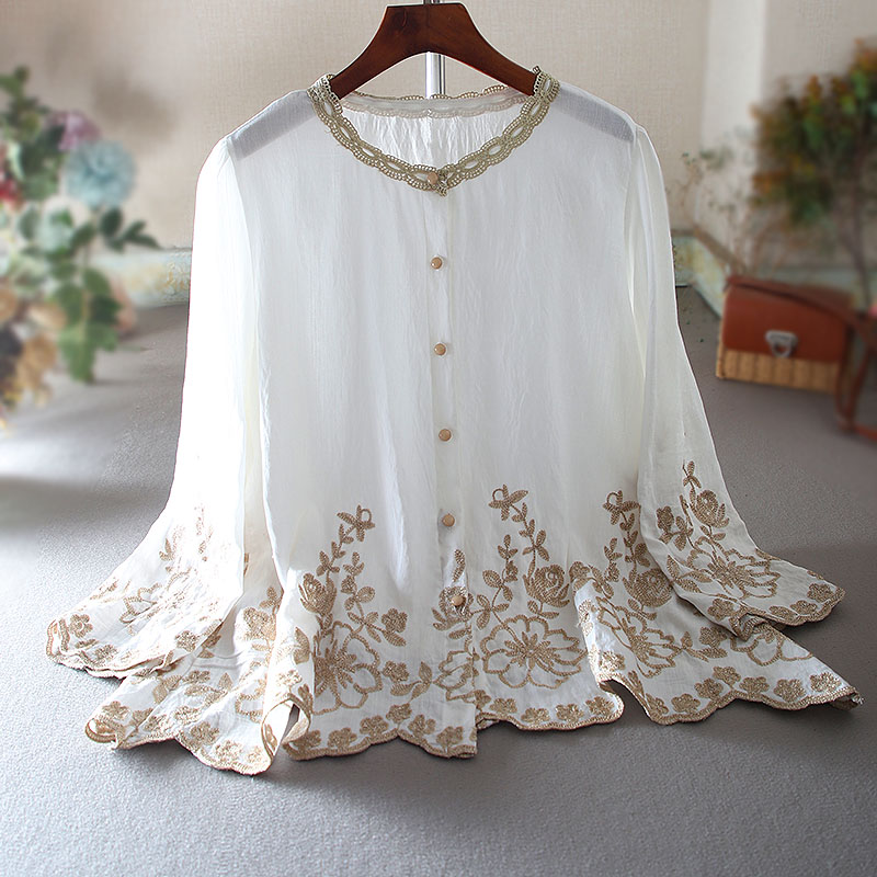 เสื้อลินิน เสื้อผ้าฝ้ายลินิน เสื้อเชิ้ตผ้าลินิน ปักลายสวยๆด้วยด้าย สไตล์VINTAGE