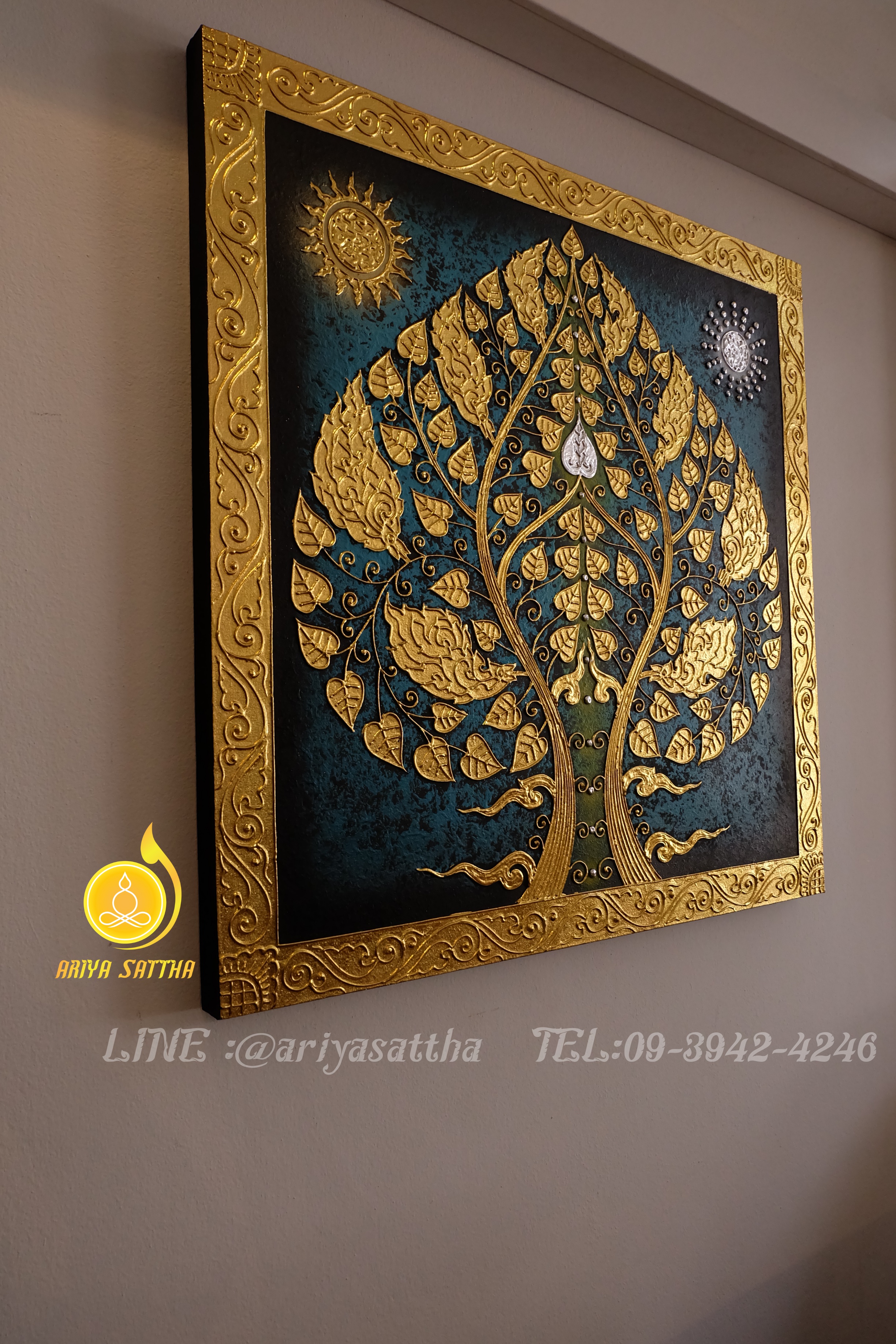 ภาพมงคล ต้นโพธิ์ ขนาด 80x80 cm.ตกแต่งบ้าน ห้องพระ ของขวัญขึ้นบ้านใหม่ งาน handmade ภาพวาดปิดทองแต่งผนังบ้าน คอนโด