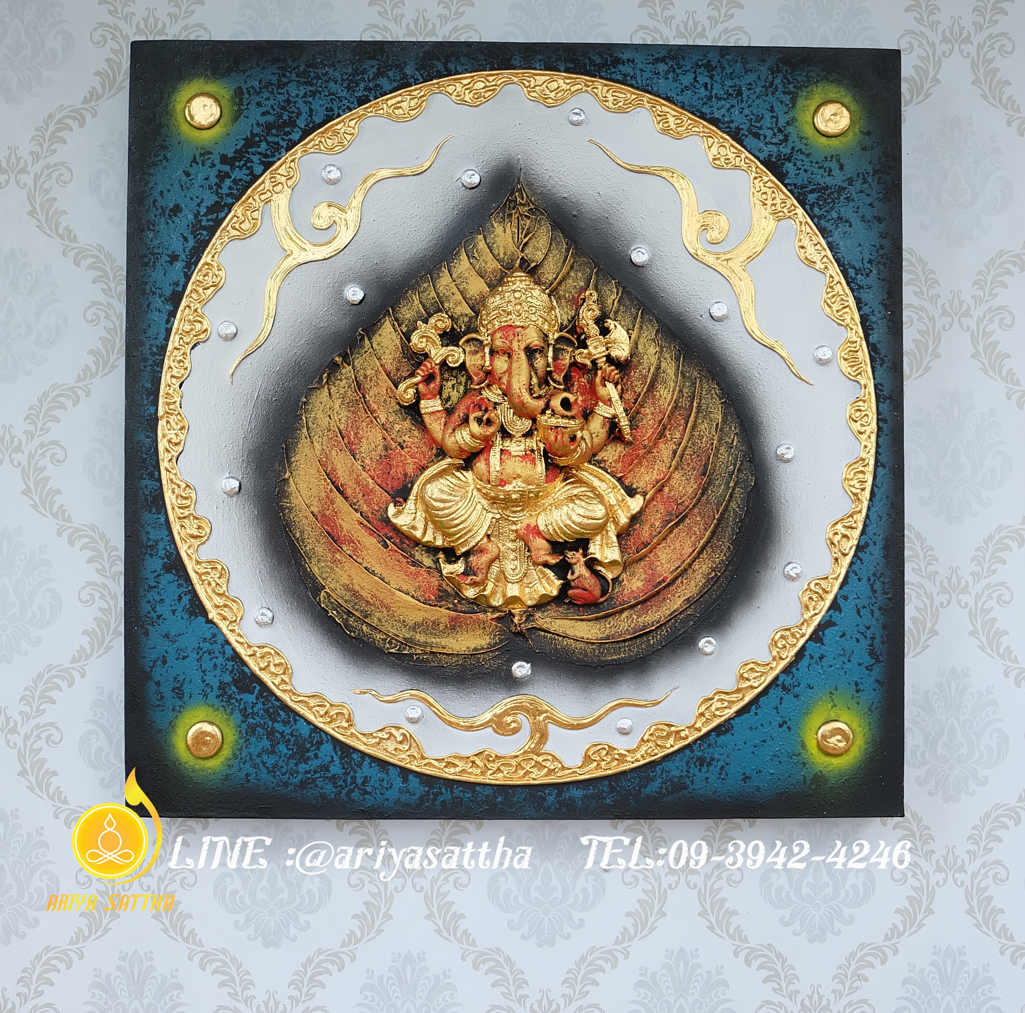 พระพิฆเนศ ภาพมงคล ขนาด 60x60 cm.ตกแต่งบ้าน ห้องพระ ของขวัญขึ้นบ้านใหม่ งาน handmade ภาพวาดปิดทองแต่งผนังบ้าน คอนโด