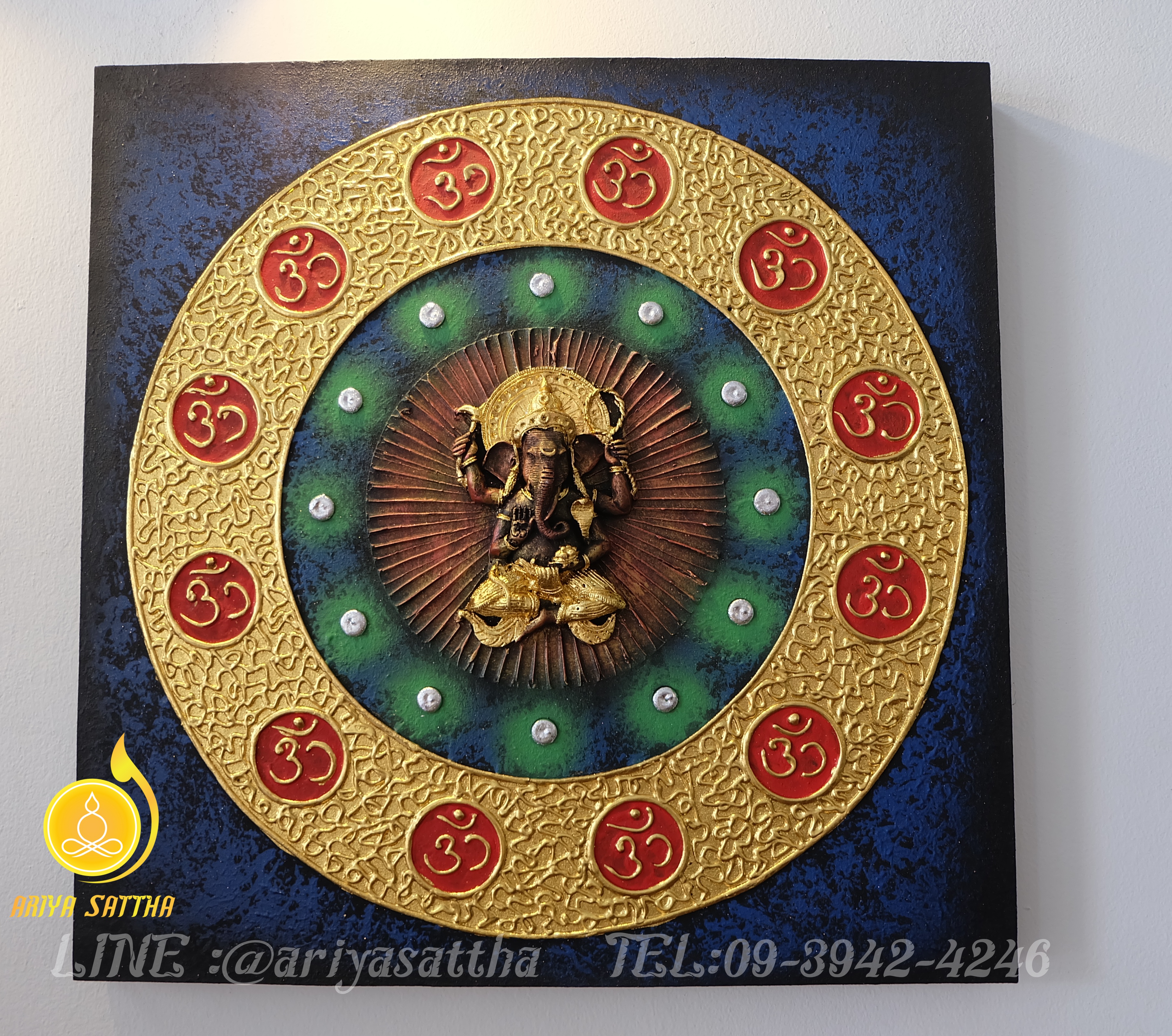 พระพิฆเนศ ภาพมงคล ขนาด 60x60 cm.ตกแต่งบ้าน ห้องพระ ของขวัญขึ้นบ้านใหม่ งาน handmade ภาพวาดปิดทองแต่งผนังบ้าน คอนโด สีน้ำเงิน