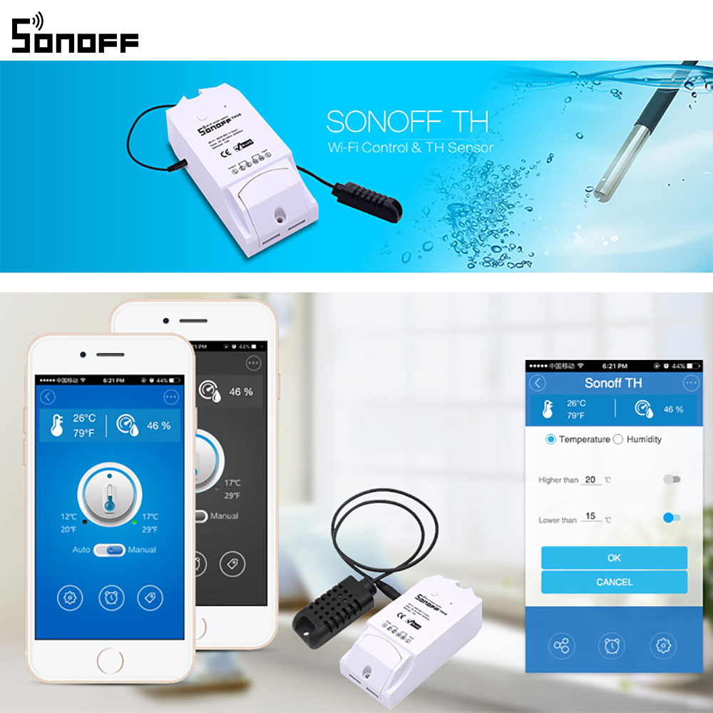 สมาร์ทสวิทช์ไร้สาย Sonoff TH16 16A สั่งผ่านมือถือ WiFi Wireless Smart Switch สามารถเชื่อมต่อเซนเซอร์อุณหภูมิและความชิ้น (อับโหลดโปรแกรมใหม่ได้) ไม่รวมเซนเซอร์