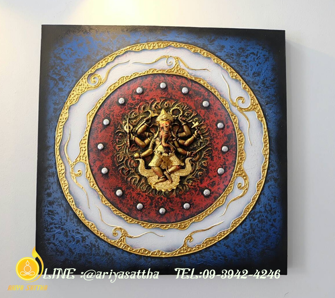 พระพิฆเนศ ภาพมงคล ขนาด 60x60 cm.ตกแต่งบ้าน ห้องพระ ของขวัญขึ้นบ้านใหม่ งาน handmade ภาพวาดปิดทองแต่งผนังบ้าน คอนโด