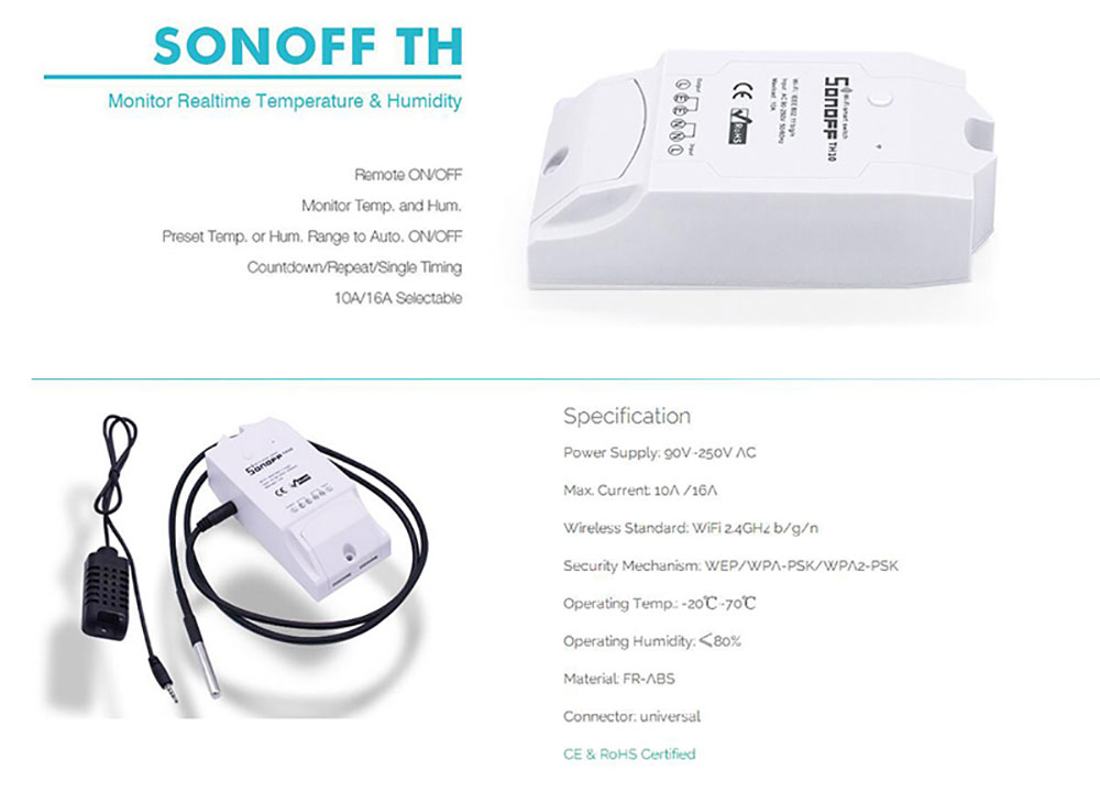 สมาร์ทสวิทช์ไร้สาย Sonoff TH16 16A สั่งผ่านมือถือ WiFi Wireless Smart Switch สามารถเชื่อมต่อเซนเซอร์อุณหภูมิและความชิ้น (อับโหลดโปรแกรมใหม่ได้) ไม่รวมเซนเซอร์