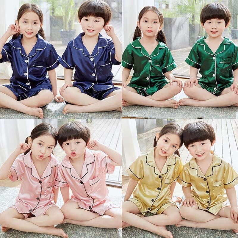 พร้อมส่ง ชุดนอนซาติน แขนสั้น เด็กชาย-หญิง