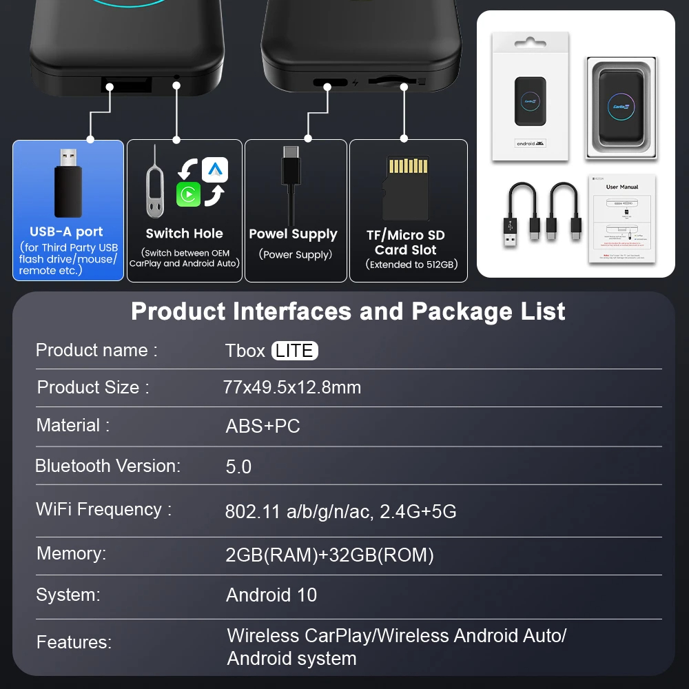 T-Box Lite - Carlinkit Android Ai Box For Original built-in CarPlay(4 Core,2+16GB)