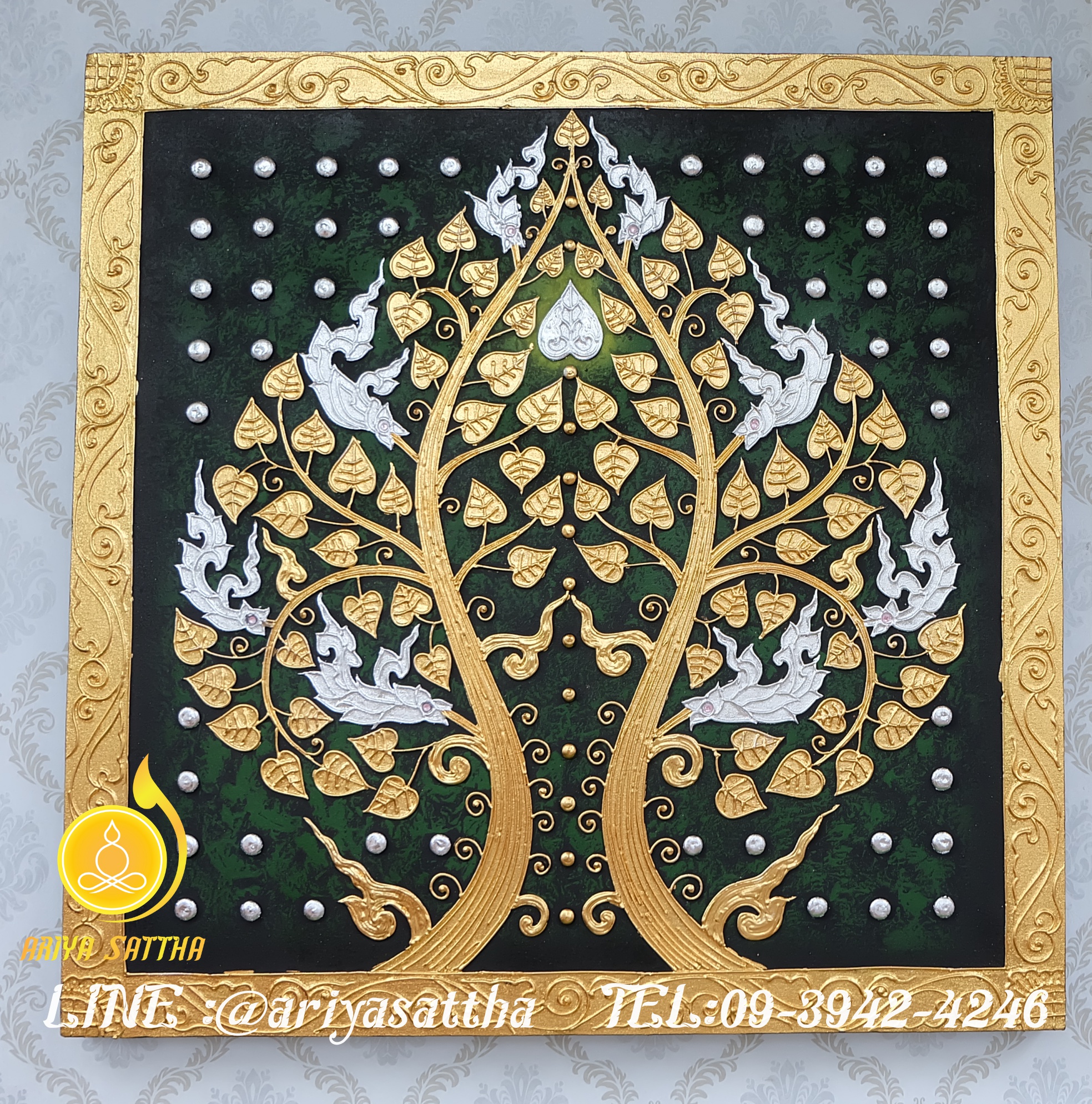 ภาพมงคล ต้นโพธิ์ ขนาด 80x80 cm.ตกแต่งบ้าน ห้องพระ ของขวัญขึ้นบ้านใหม่ งาน handmade ภาพวาดปิดทองแต่งผนังบ้าน คอนโด