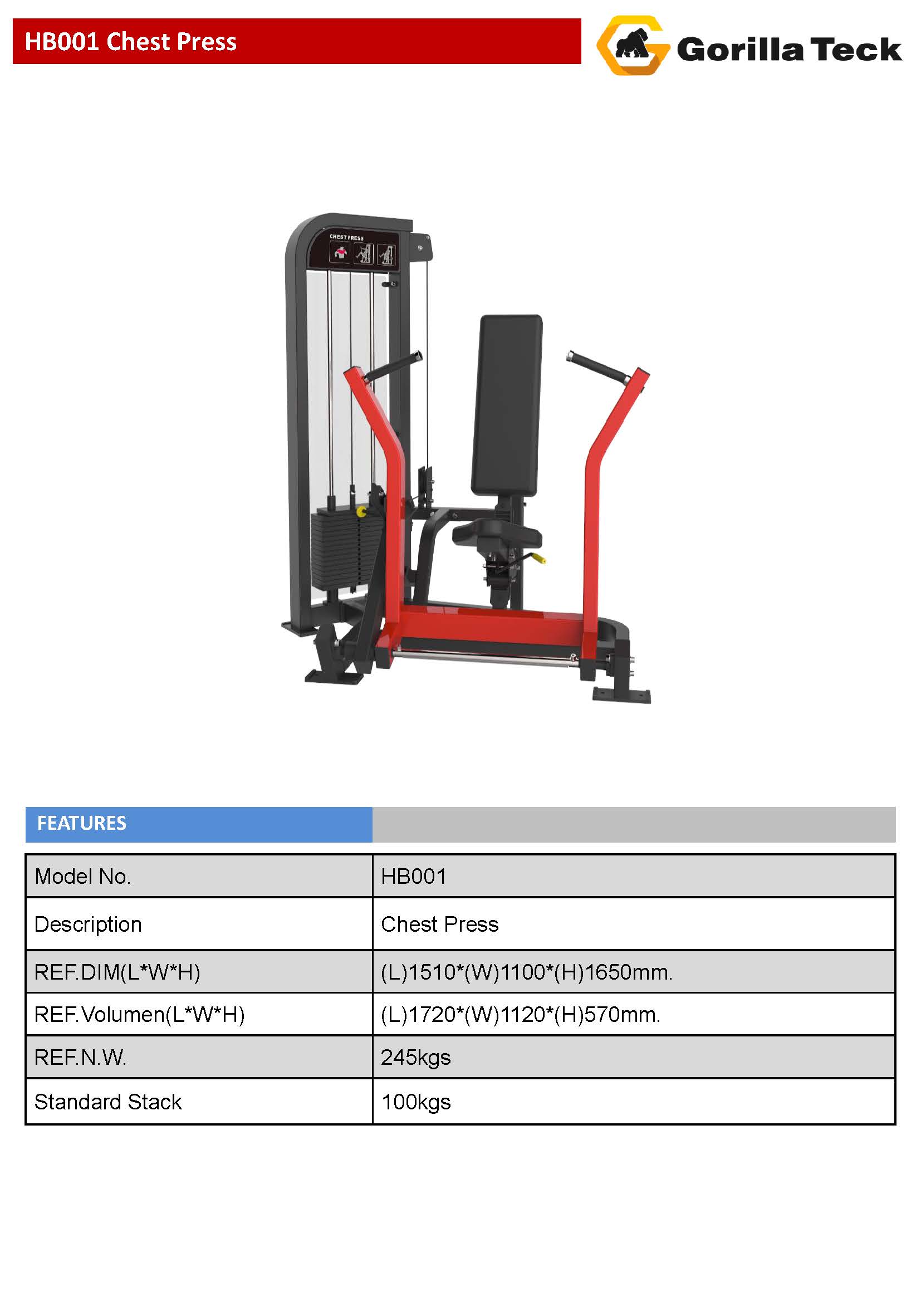 เครื่องฝึกกล้าเนื้อเดี่ยวสำหรับฟิตเนสคลับ แบรนด์ Gorilla Teck