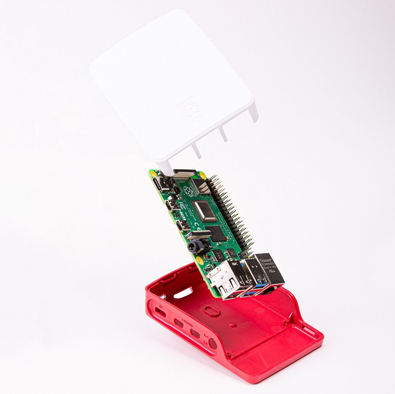 Raspberry Pi 4 Case แฟนซี สีขาว-แดง มีปุ่มกันลื่น สำหรับ Pi4 1GB, Pi4 2 GB และ Pi4 4GB ของแท้ Made in the UK