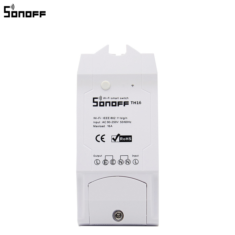 สมาร์ทสวิทช์ไร้สาย Sonoff TH16 16A สั่งผ่านมือถือ WiFi Wireless Smart Switch สามารถเชื่อมต่อเซนเซอร์อุณหภูมิและความชิ้น (อับโหลดโปรแกรมใหม่ได้) ไม่รวมเซนเซอร์
