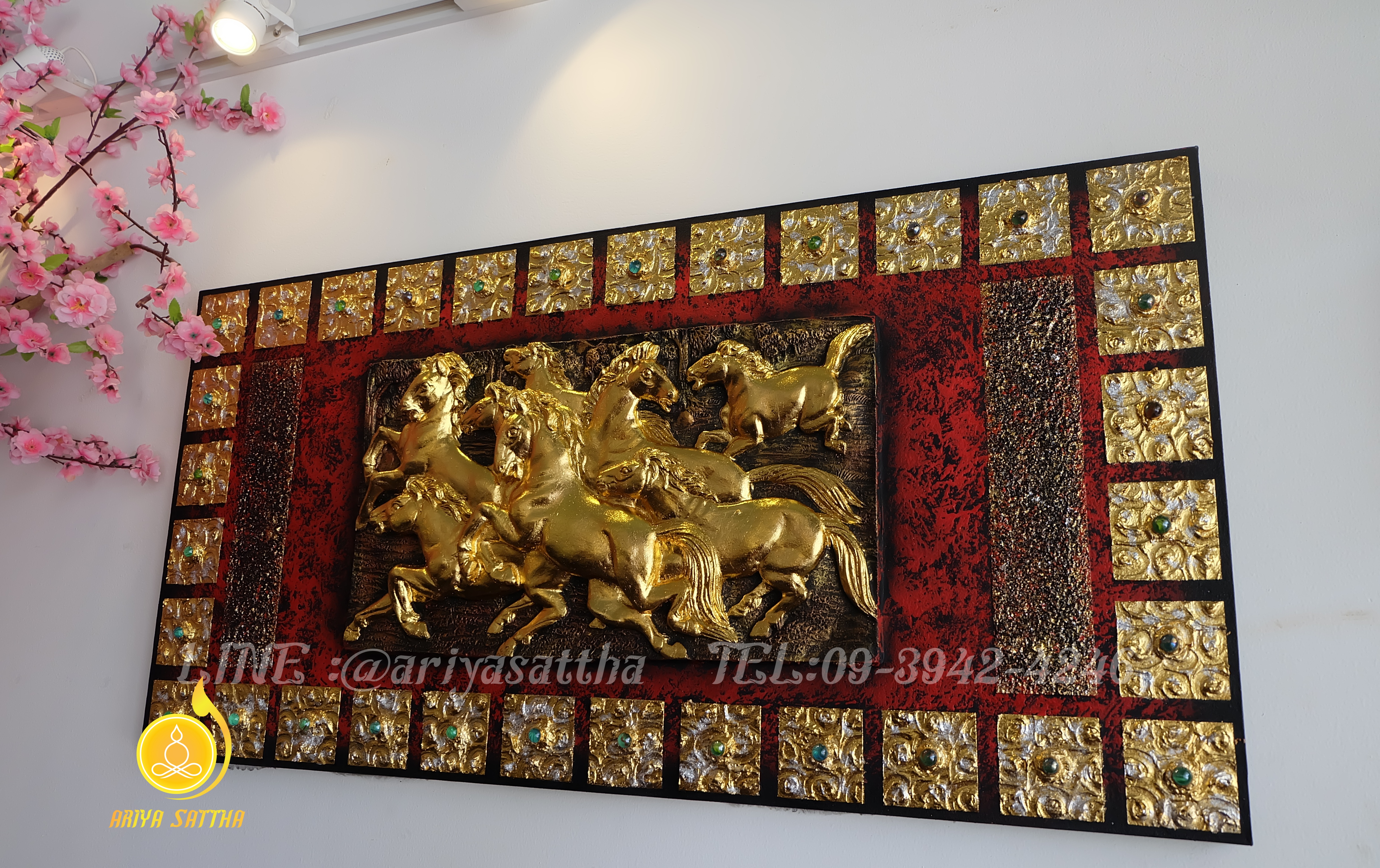 ม าว ง 8 ต ว งานเรซ น ภาพมงคล ขนาด 60x120 cm ตกแต งบ าน ของขว ญข นบ านใหม งาน handmade ภาพวาดป ดทองแต งผน งบ าน คอนโด
