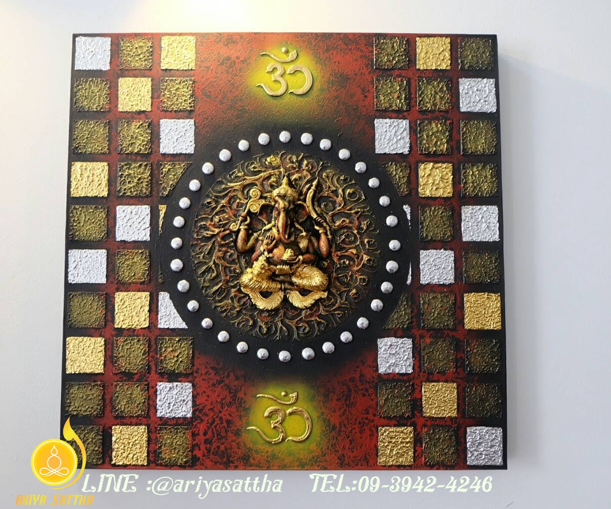 พระพ ฆเนศ ภาพมงคล ขนาด 60x60 cm ตกแต งบ าน ห องพระ ของขว ญข นบ านใหม งาน handmade ภาพวาดป ดทองแต งผน งบ าน คอนโด