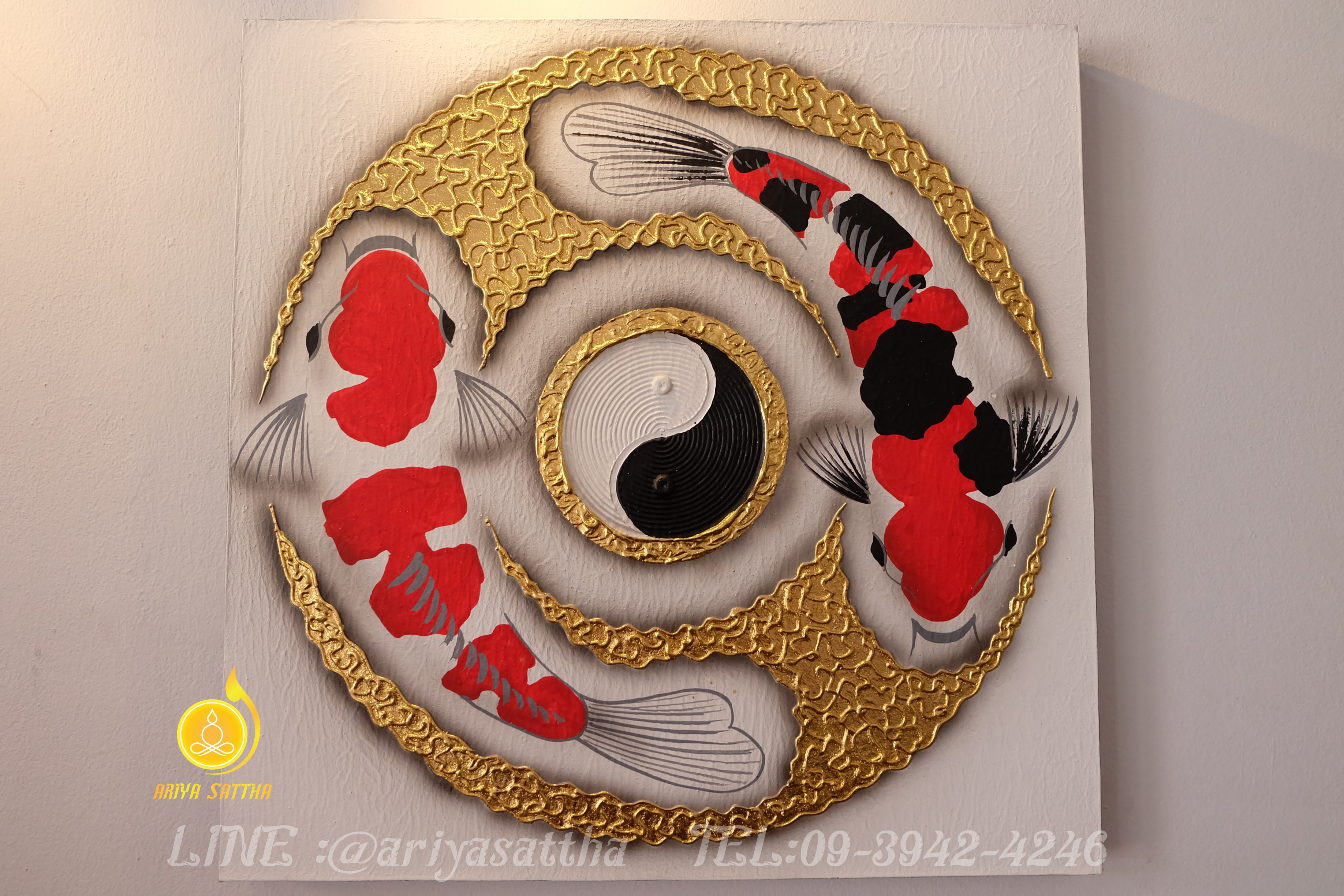 ร ปปลาคราฟ ภาพมงคล ขนาด 60x60 cm ตกแต งบ าน ของขว ญข นบ านใหม งาน handmade ภาพวาดป ดทองแต งผน งบ าน คอนโด